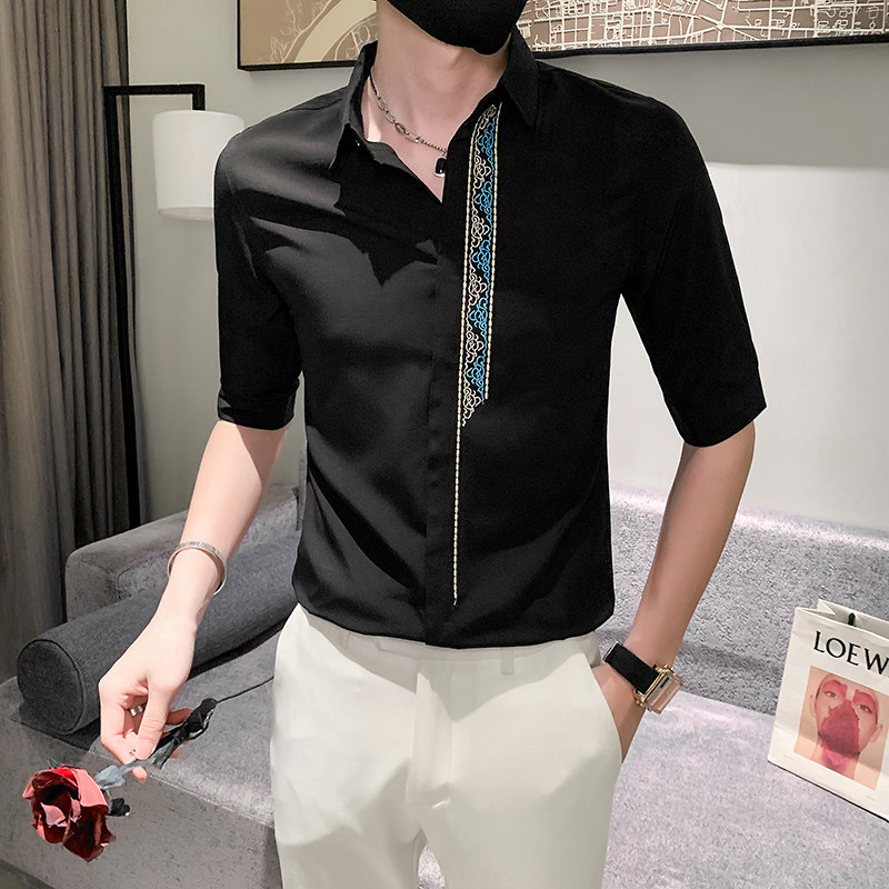 痞 夏季新款男士刺绣五分袖衬衫男休闲中袖寸衣301A-1/CS363/P55图片