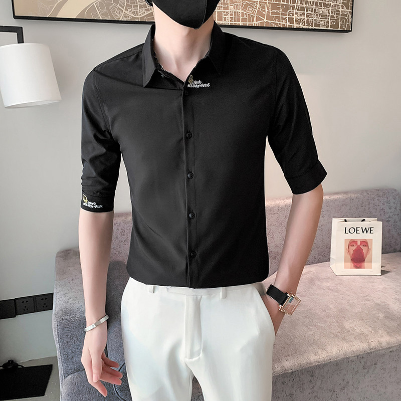 痞帅夏季男经典刺绣中袖衬衫男五分袖寸衣301A-1/CS361/P55,男装衬衫,星座301A-1