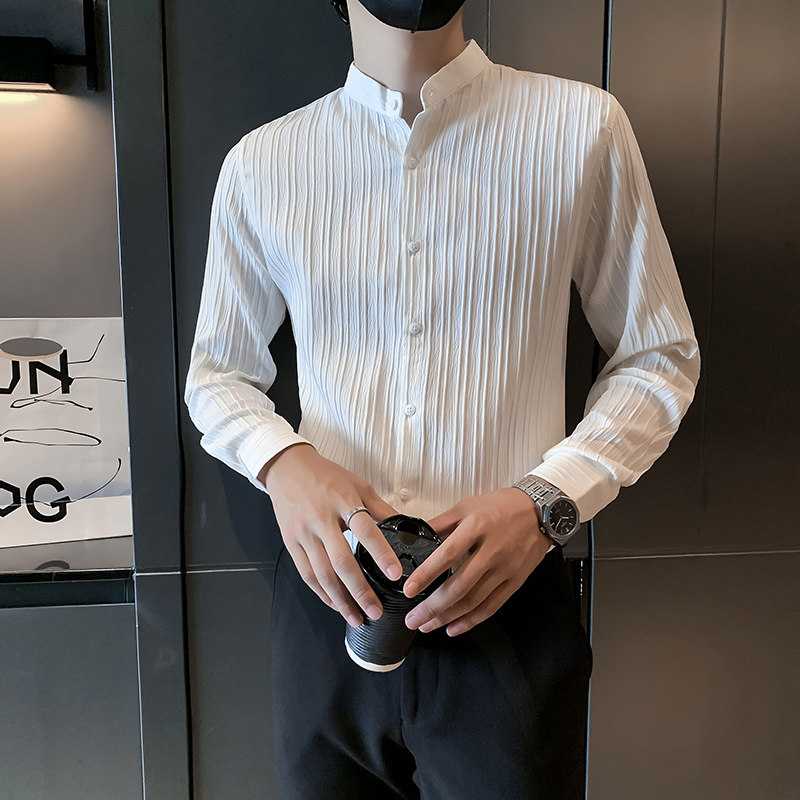 蓝2024秋装新款纯色立领衬衫男长袖春秋休闲寸衫301A-1/C01/P55,男装衬衫,星座301A-1