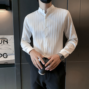 蓝2024秋装新款纯色立领衬衫男长袖春秋休闲寸衫 301A-1/C01/P55图片