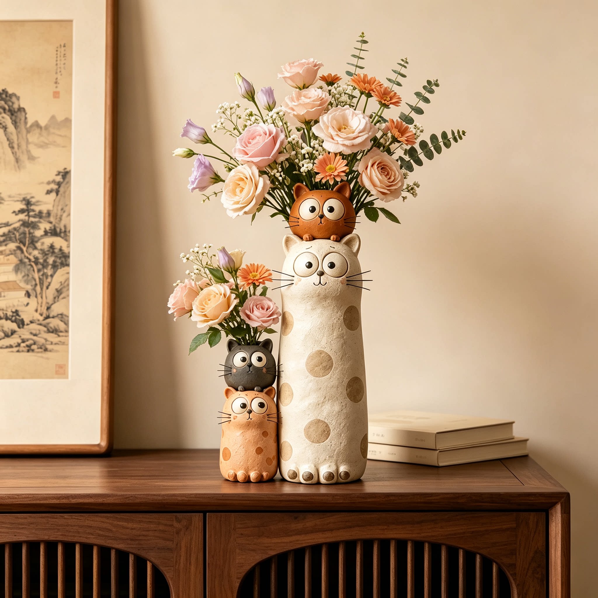 中古风猫咪小花瓶可水培桌面装饰图片