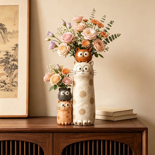中古风猫咪小花瓶可水培桌面装饰