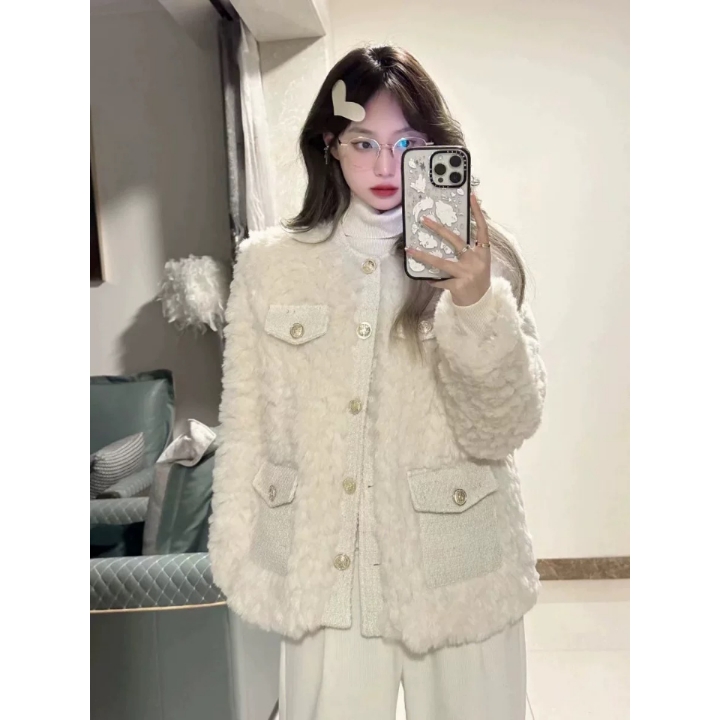 皮草小香风外套女冬天新款高级感可可仿兔毛大衣加厚圆领网红棉服