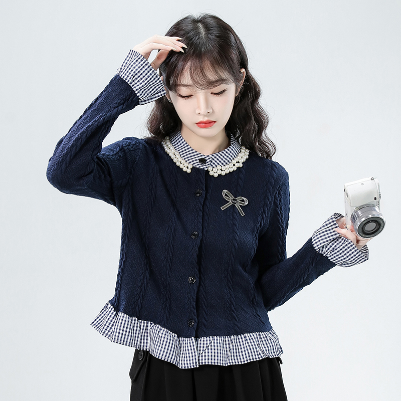 2025秋新款格子拼接假两件针织开衫女外套别致法式短款上衣