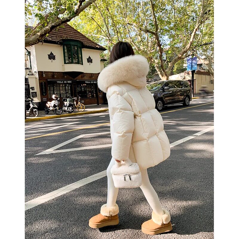 粉色羽绒棉服冬连帽加厚大毛领中长款小个子面包服外套棉衣