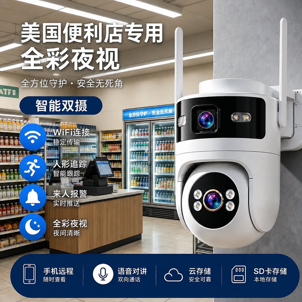 美国便利店专用海外版监控摄像头户外超高清全彩夜视家用手机远程