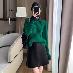 墨绿色毛衣打底衫女秋冬高级感轻奢外穿加厚假两件针织衬衫领上衣