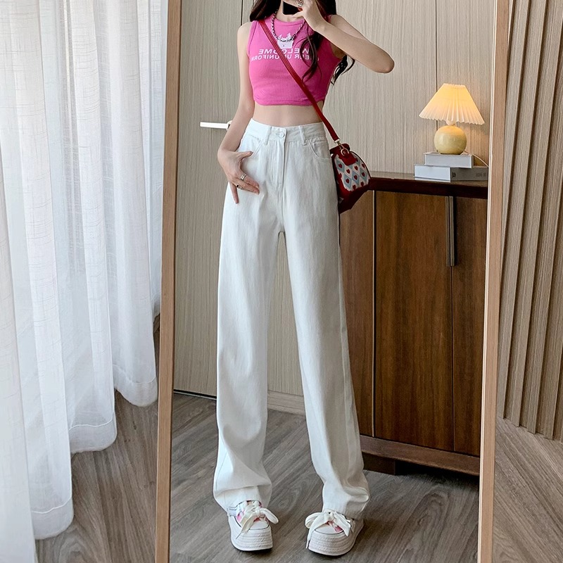白色阔腿裤女2025新款夏季小个子九分裤高腰拖地裤宽松直筒牛仔裤