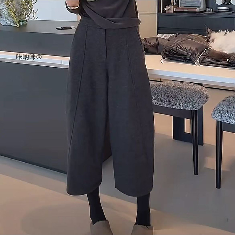灰色仿毛呢阔腿裤女秋季新款大码胖mm宽松显瘦遮肉梨型八分弯刀裤