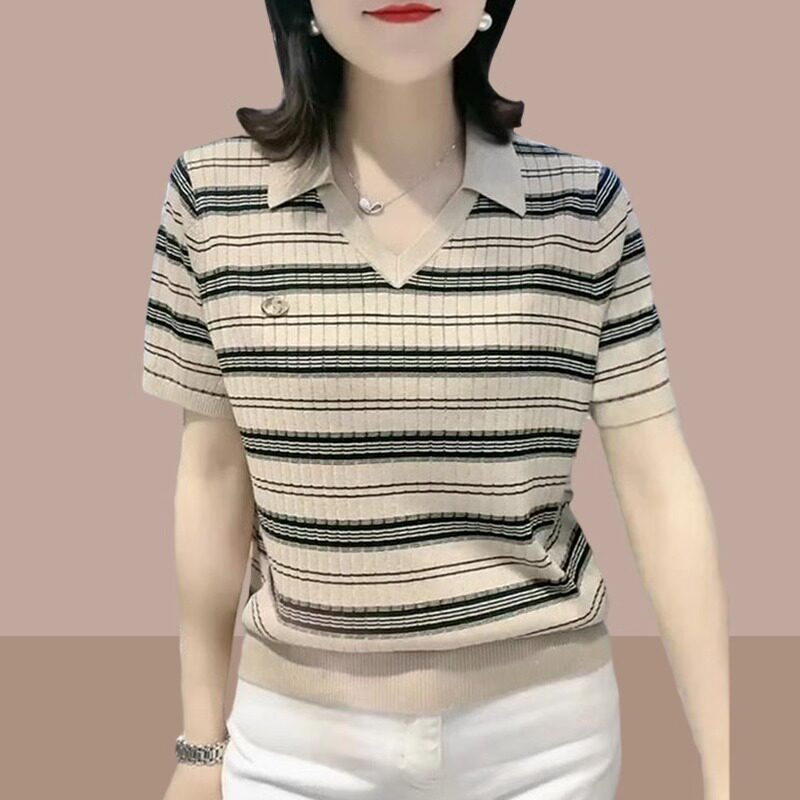 短袖t恤女2024新款夏季薄款简约休闲冰丝针织衫条纹Polo领上衣女