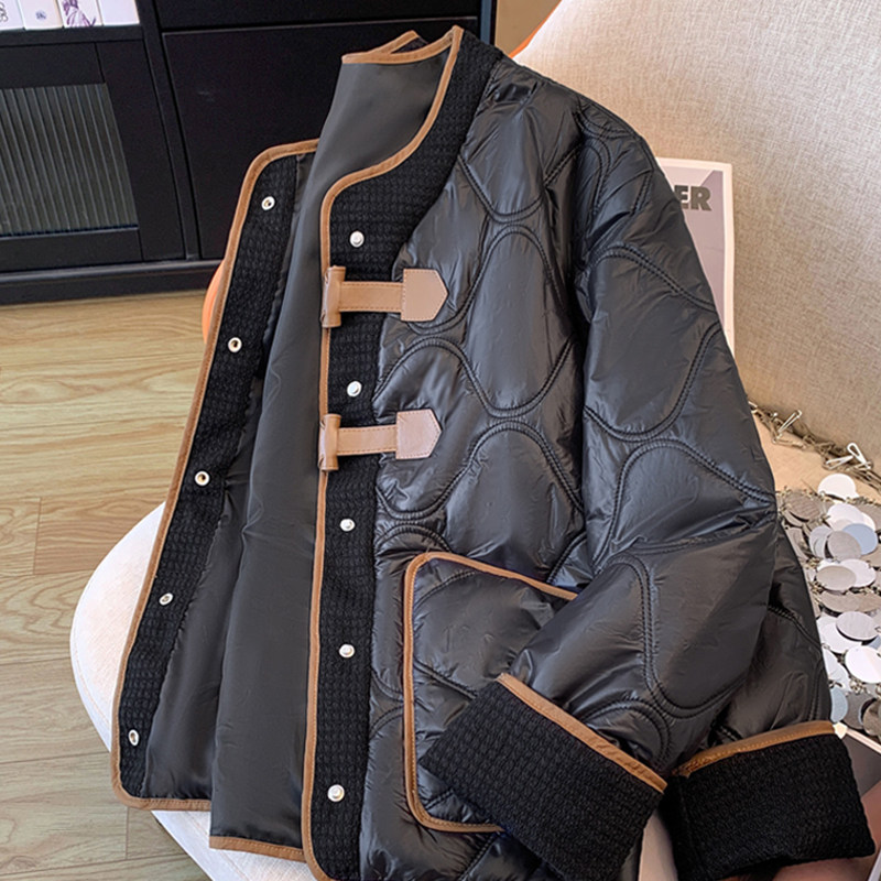 羽绒棉服女冬季大码胖mm复古盘扣棉衣设计感拼接撞色夹棉保暖外套