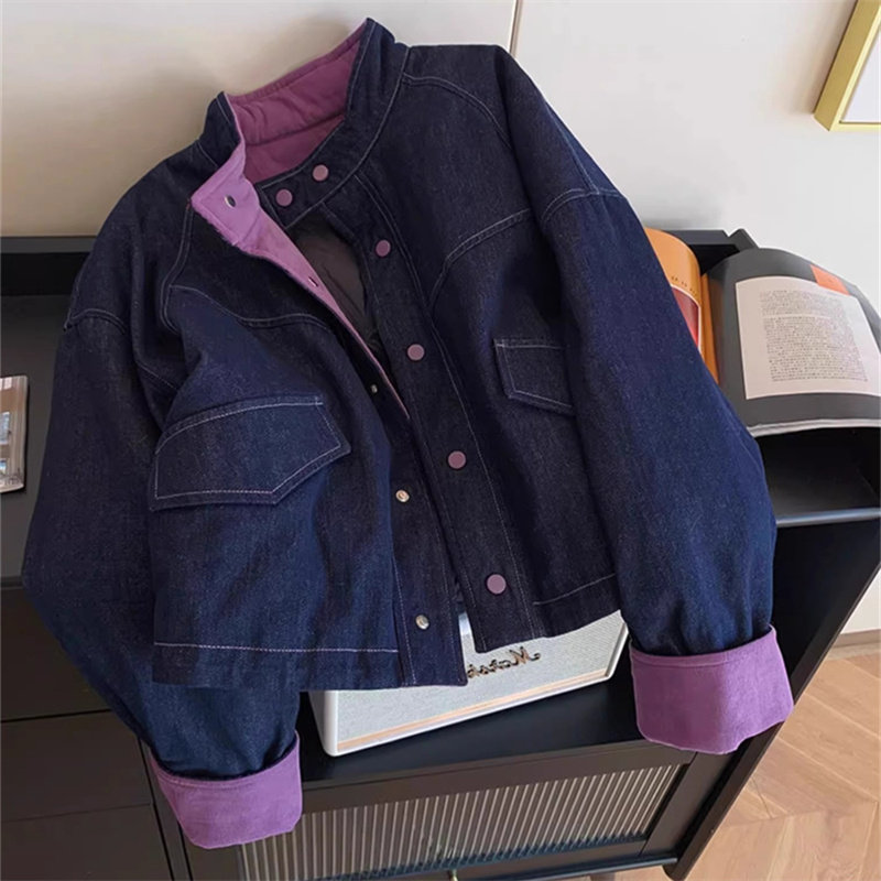 立领牛仔棉服女秋冬韩版氛围感小众撞色拼接设计感小个子夹棉外套