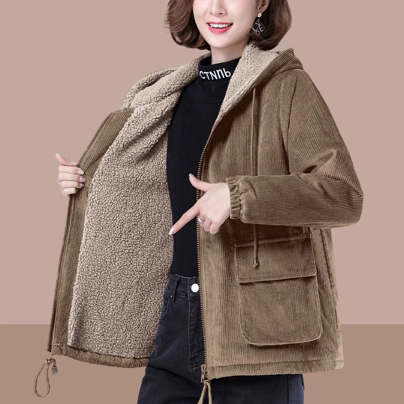 灯芯绒加绒短外套女2026秋冬新款大码舒适中老年妈妈加厚保暖棉服