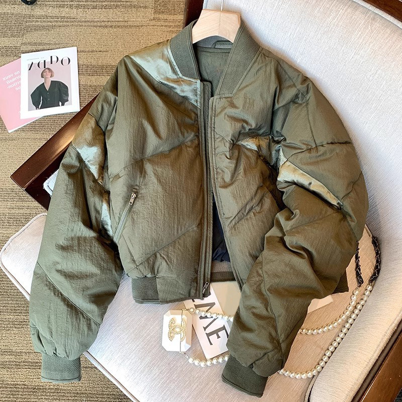 军绿色棉服女秋冬美式复古拼接立领棒球服小个子短款百搭休闲外套