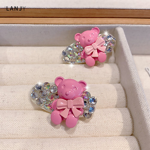 可爱小熊粉色带钻发夹边夹甜美