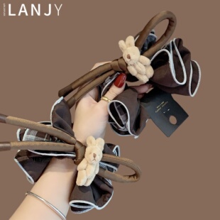 蓝咖撞色格纹大肠发圈可爱毛绒兔子蝴蝶结头绳时尚多发量发绳肠圈