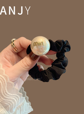 韩国小众黑金字母发饰高级轻奢MIN黑色缎枪灰色珍珠发圈发绳女