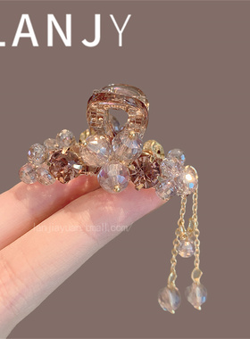 复古紫色水钻半扎发小抓夹精致流苏水晶吊坠发夹韩版鲨鱼夹发饰女