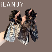 法式 高级感印花缎面肥肠圈时尚 气质蝴蝶结飘带头绳简约百搭发绳女