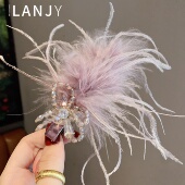 超仙氛围感紫色羽毛发夹轻奢手工串珠水晶侧边夹气质优雅鸭嘴夹女