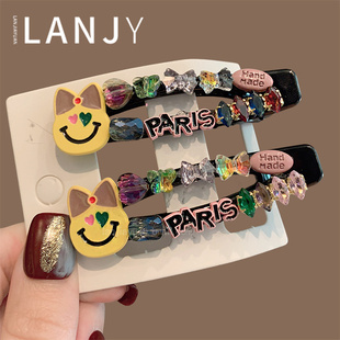 韩版可爱猫咪发夹超闪彩色水晶侧边夹精致镶钻刘海夹侧边夹发卡女