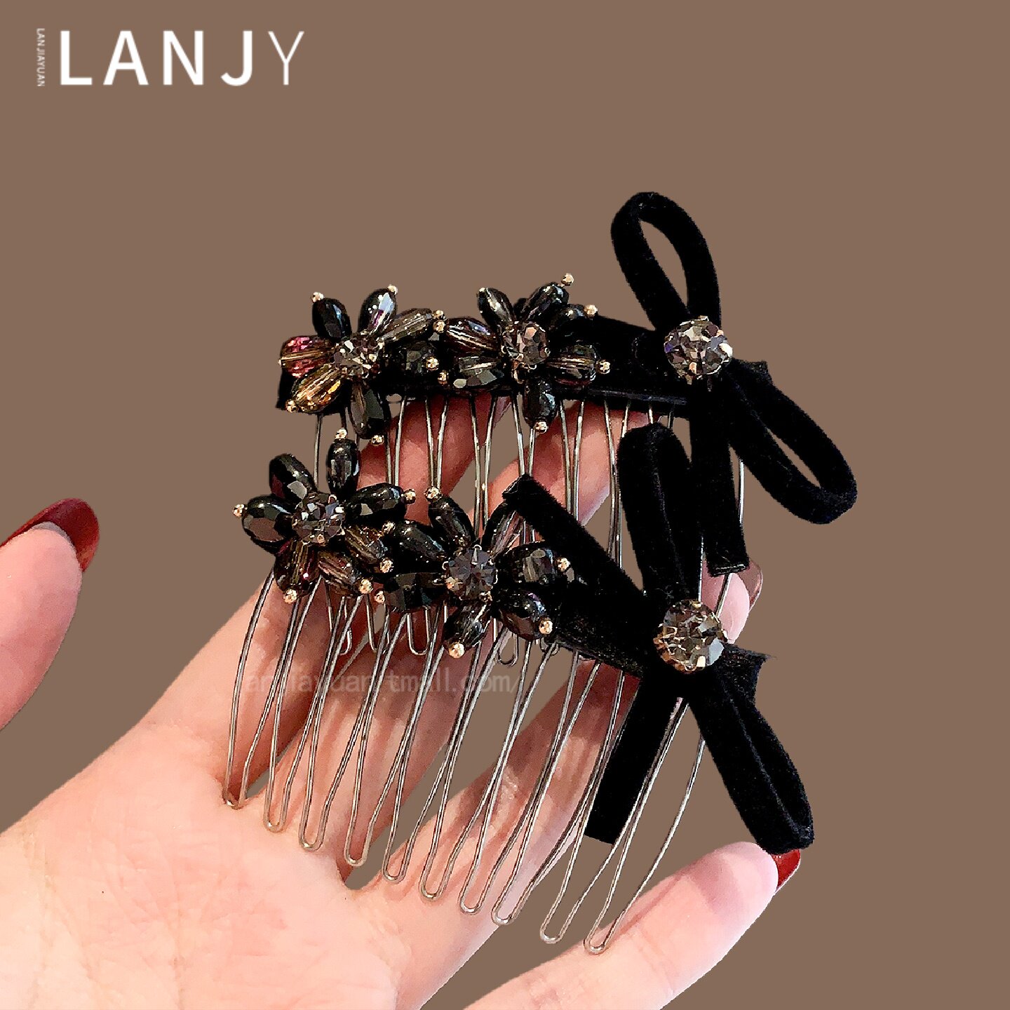 韩国时尚水晶串珠发梳丝绒蝴蝶结刘海夹碎发整理发卡倒插梳发饰女