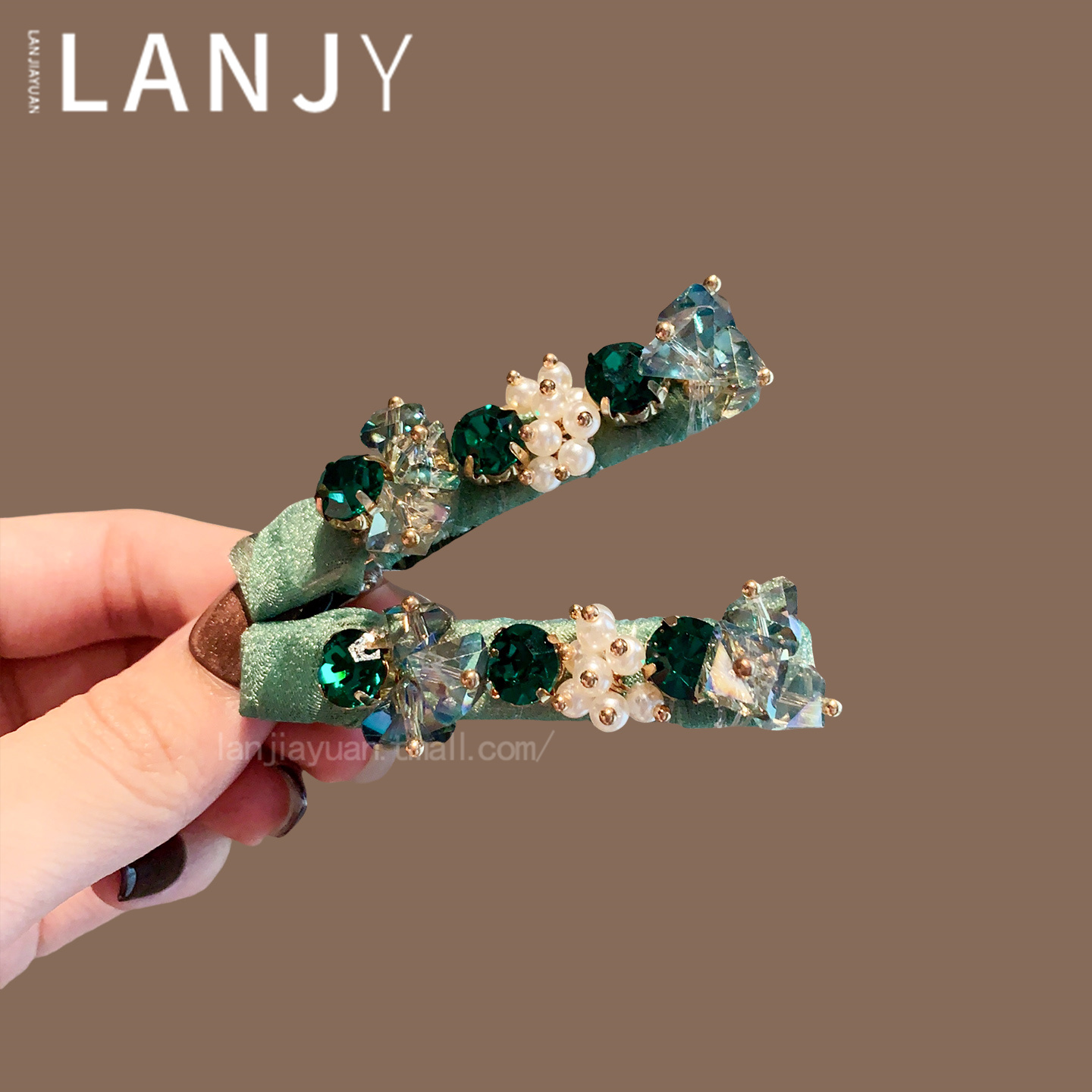 东大门重工绿色水晶串珠发夹