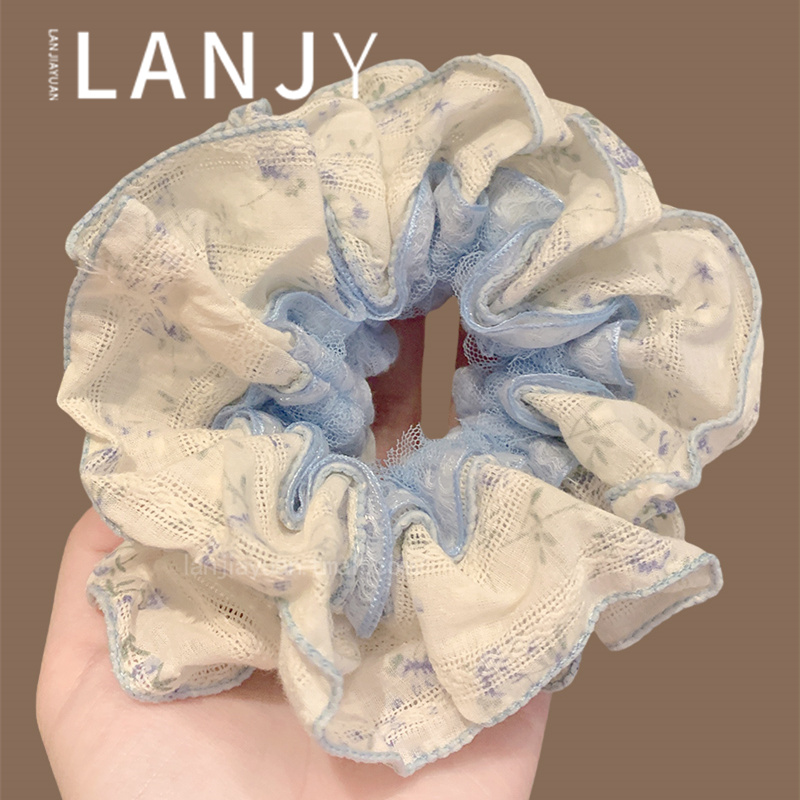 双层蓝色花边发圈甜美小碎花