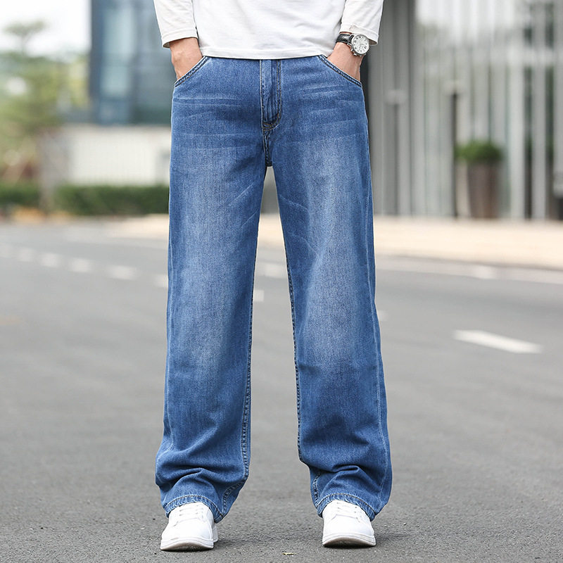 春秋做旧粗腿长裤男宽松直筒牛仔裤男大裤脚加肥加大码休闲阔腿潮