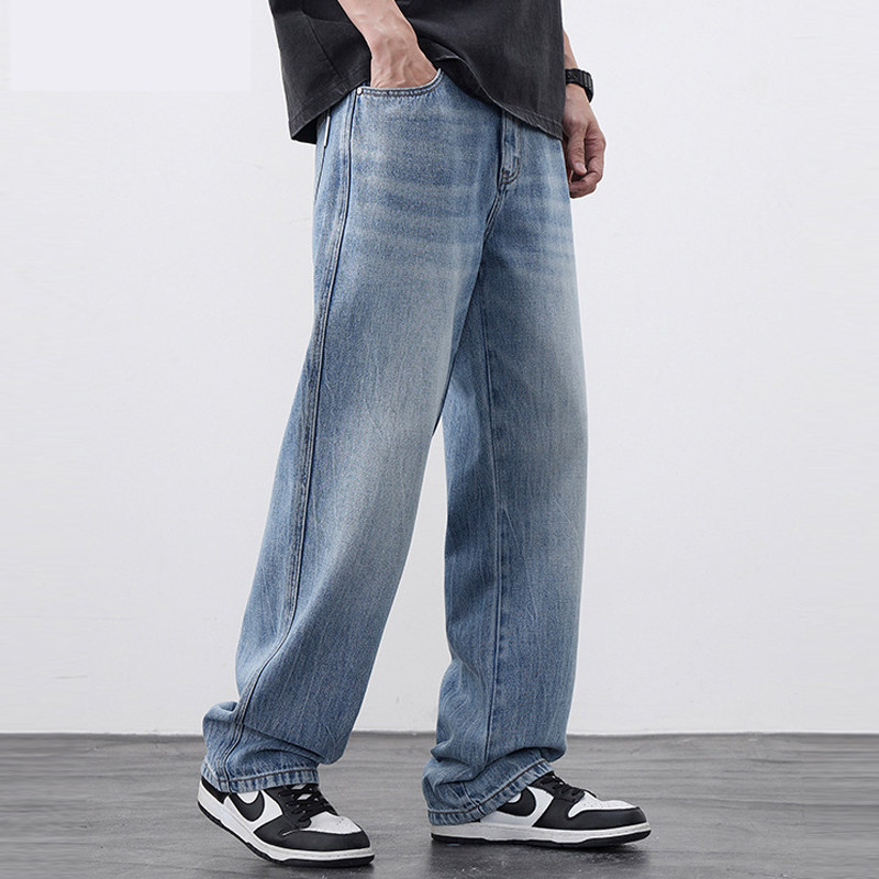 春夏男生腿粗休闲裤蓝色长裤男宽松直筒牛仔裤大裤脚加肥大码阔腿