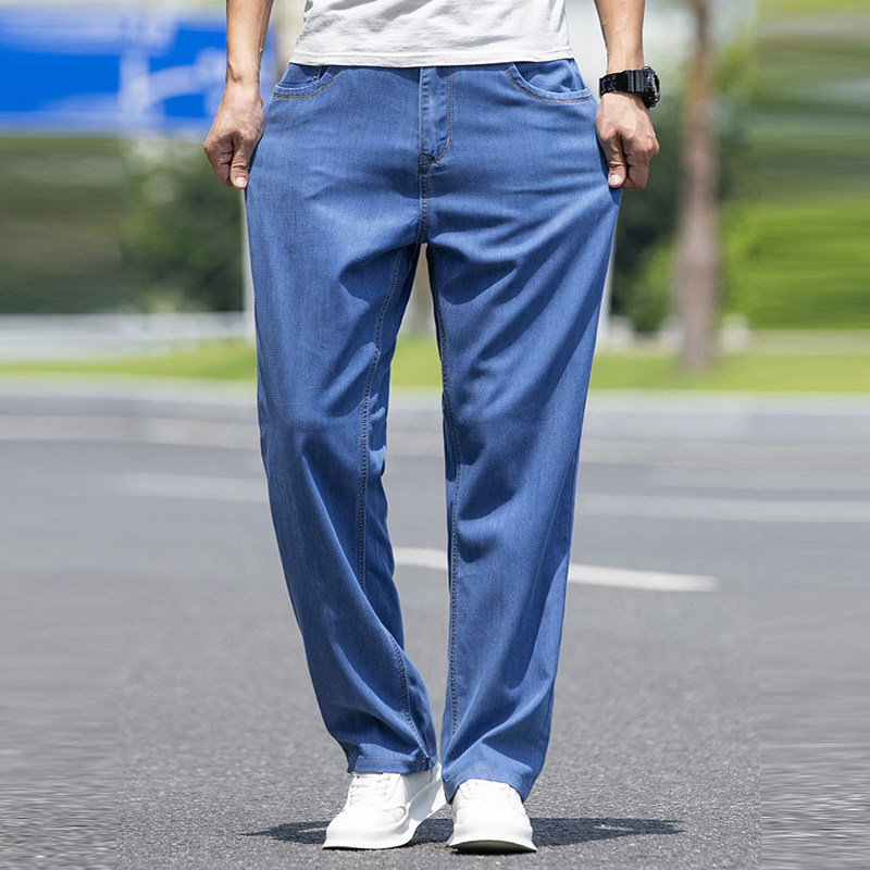 春夏薄款天丝弹力深裆大裤脚休闲加长裤男宽松直筒牛仔裤大号阔腿