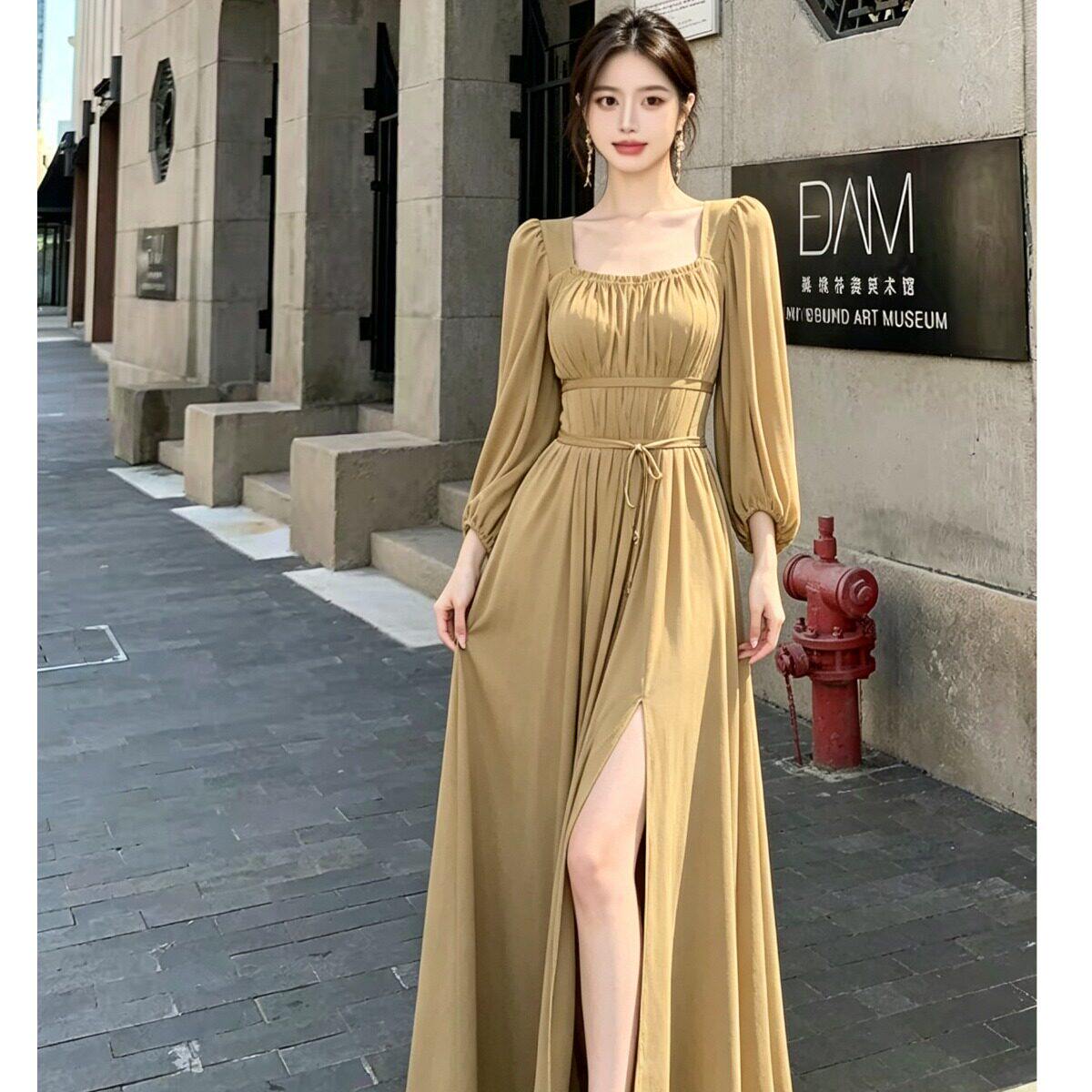 复古茶歇方领连衣裙女秋