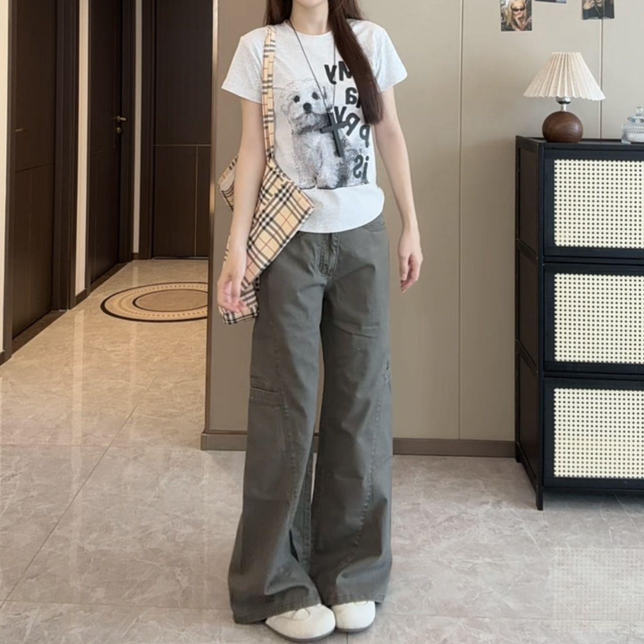 灰色阔腿微喇工装裤女秋