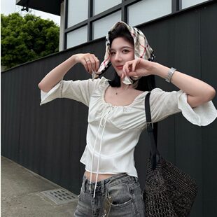 优质质量复古缎面大圆领褶皱上衣女气质通勤高级chic别致衬衫女