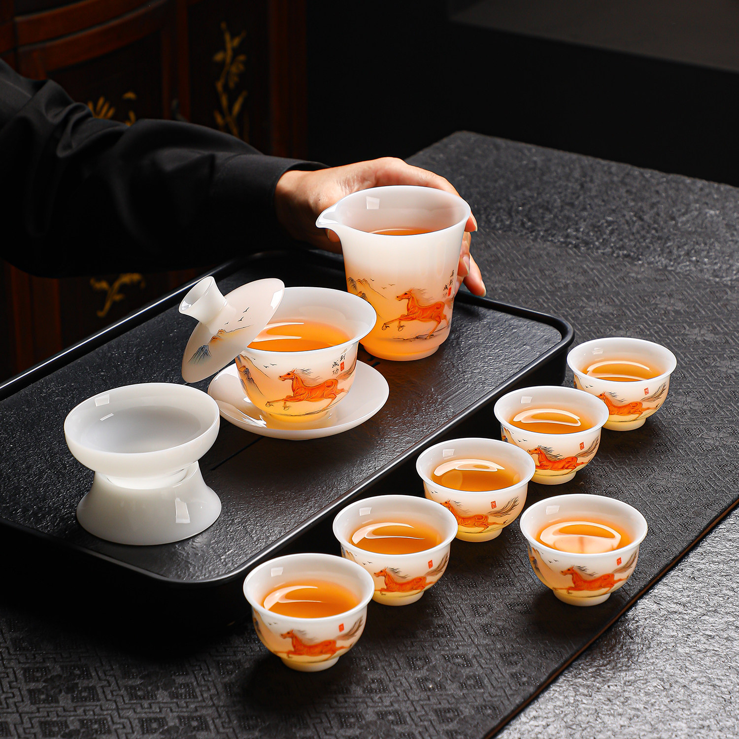 马到成功冰种璞玉瓷盖碗茶具套装茶杯茶具礼盒装茶道功夫茶具套装