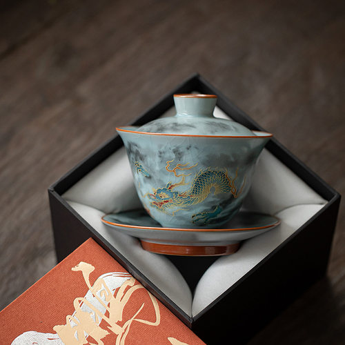 祥龙献瑞天青汝窑盖碗茶杯大号