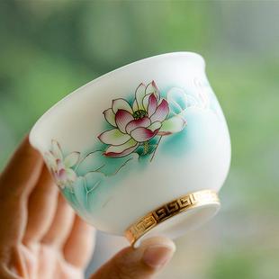 素烧无釉荷花主人杯羊脂玉瓷大容量个人专用品茗杯女士描金高档装