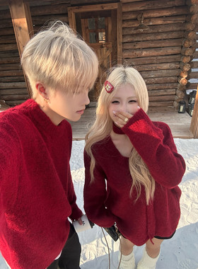 情侣装秋冬新款过年红色超火毛衣男女韩版宽松法式针织衫外套潮牌