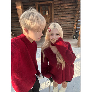 针织衫 情侣装 宽松法式 过年红色超火毛衣男女韩版 外套潮牌 秋冬新款