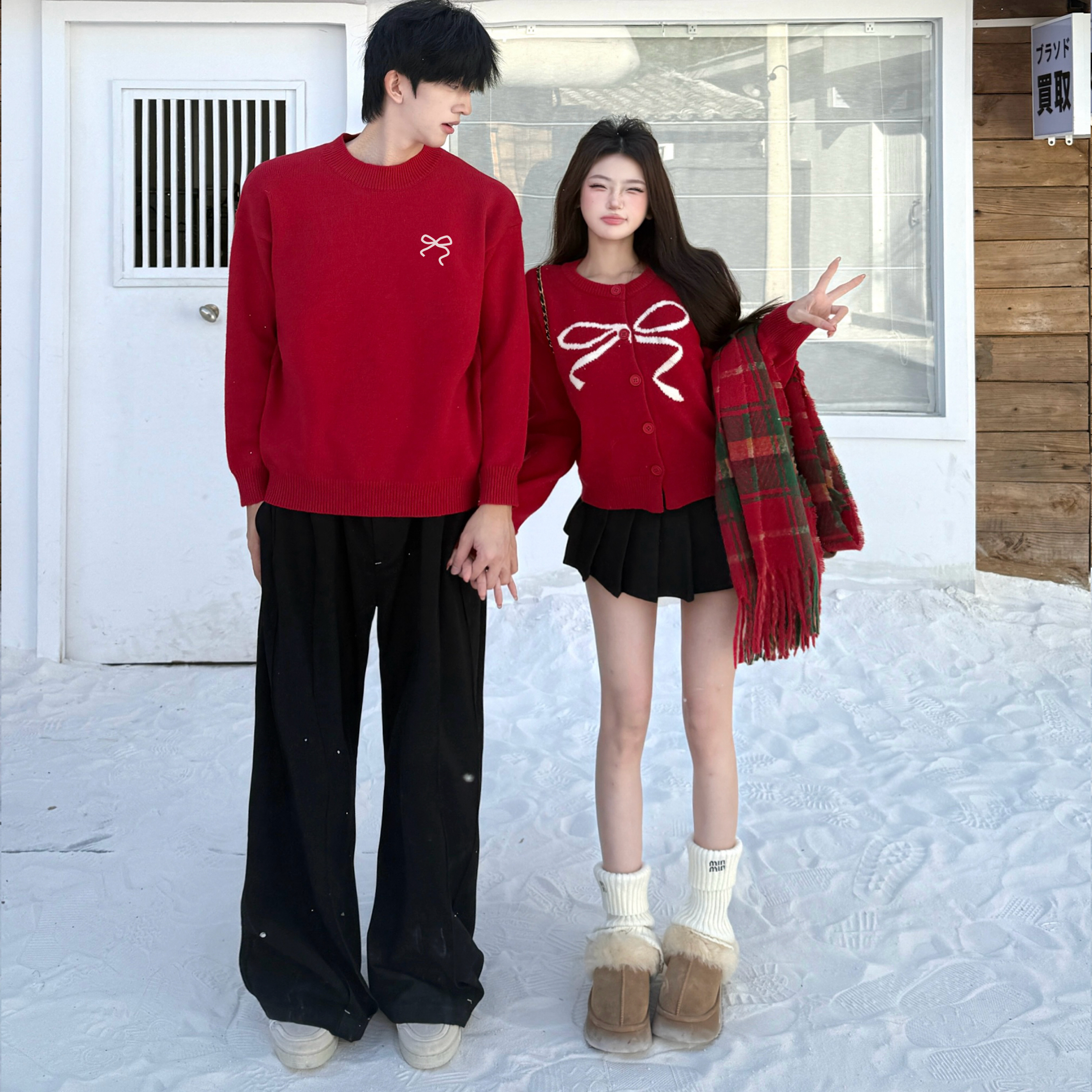 情侣装秋冬季毛衣红色针织衫