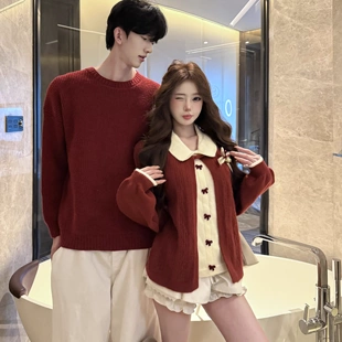 情侣装 复古圣诞风毛衣氛围感男女新年假两件针织外套 秋冬ins法式