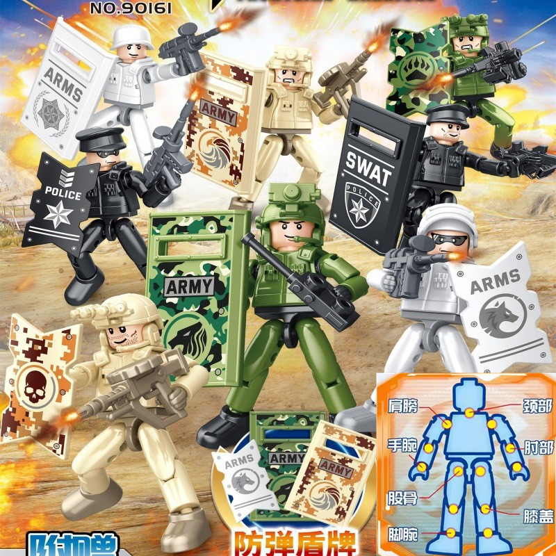 13关节可动特警特种兵人仔武器男孩组装模型积木6CM玩具乐玩90161