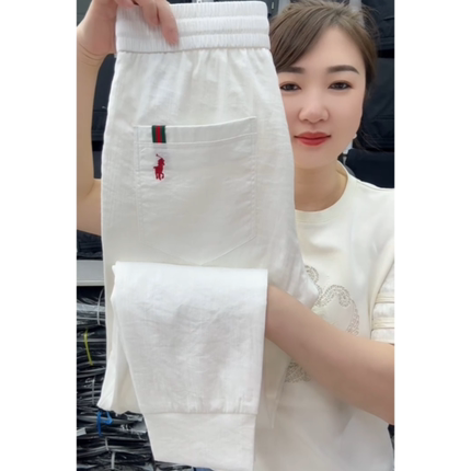男裤夏季薄款天丝棉麻休闲裤时尚舒适松紧腰弹力小脚裤刺绣束脚裤
