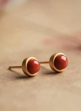 奥特莱斯特价S925银南红玛瑙红色耳钉女高级感18k金耳环耳饰配饰