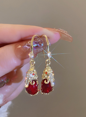 奥特莱斯18K金镀金红色复古貔貅耳钩耳环耳坠耳扣耳饰女配饰