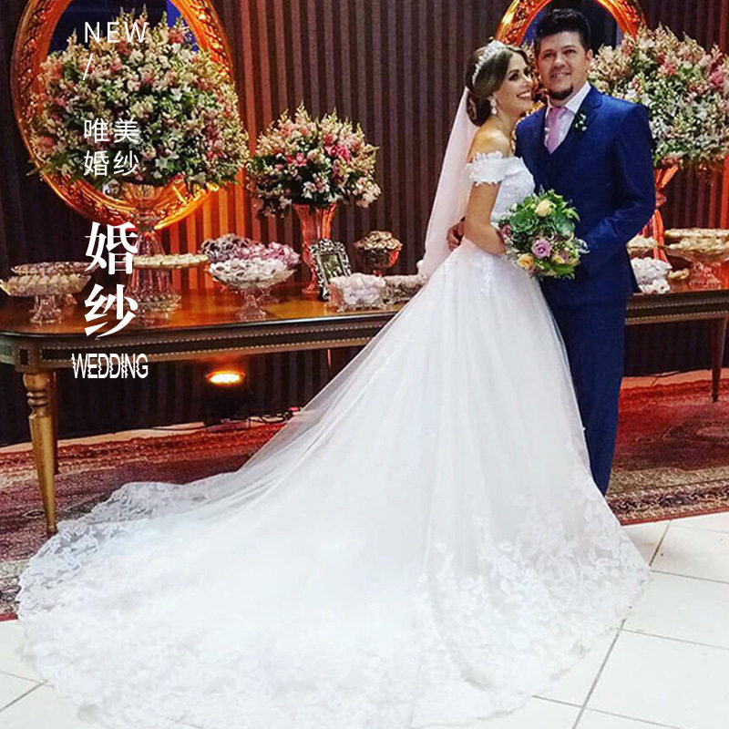 2021新款婚纱礼服欧美一字肩齐地婚纱修身显瘦收腰北欧婚纱礼服