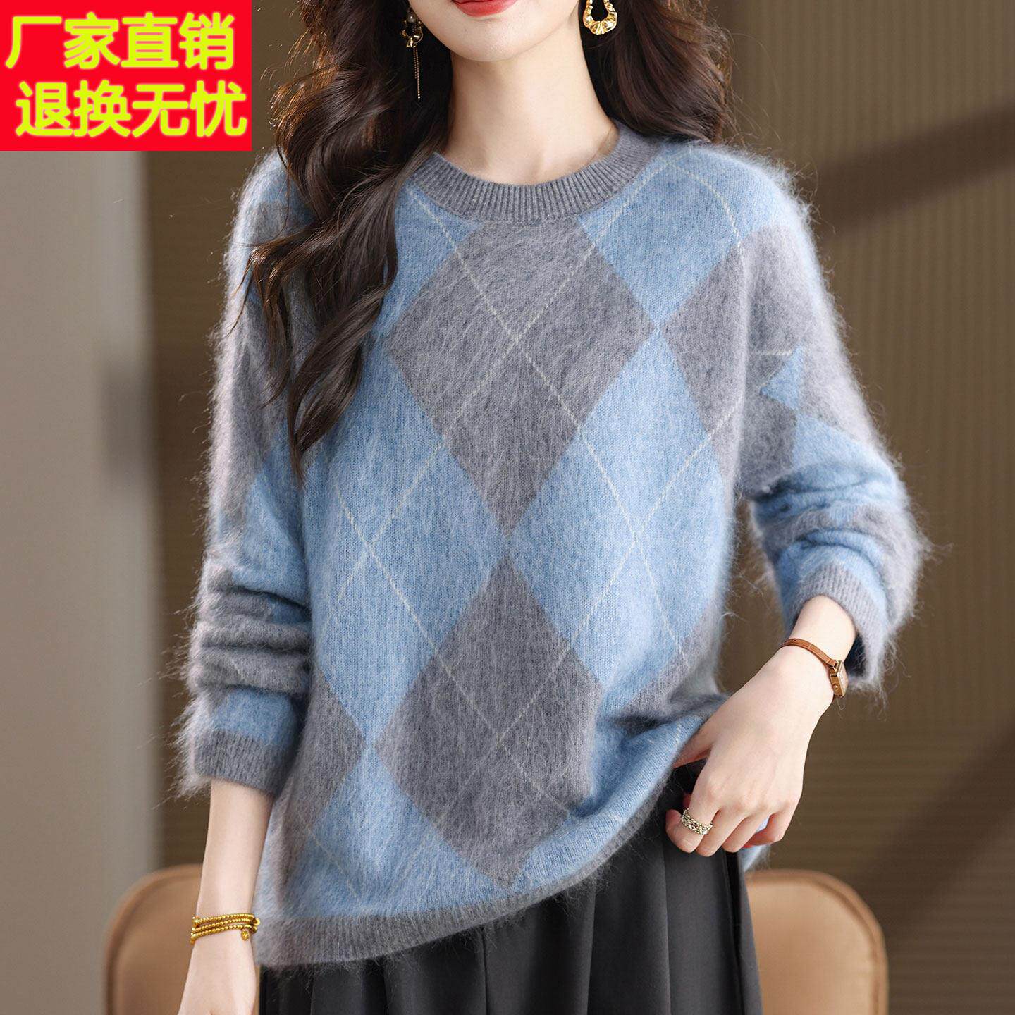 时尚中年圆领山羊绒100%毛衣女秋冬加厚妈妈纯色针织打底衫女上衣