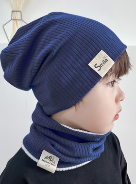 纯棉儿童帽子男孩秋冬季蓝色中大童帽围巾套装宝宝冷帽2025新款