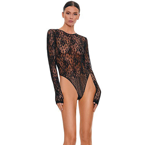 气质黑色网纱镂空透视长袖连体衣