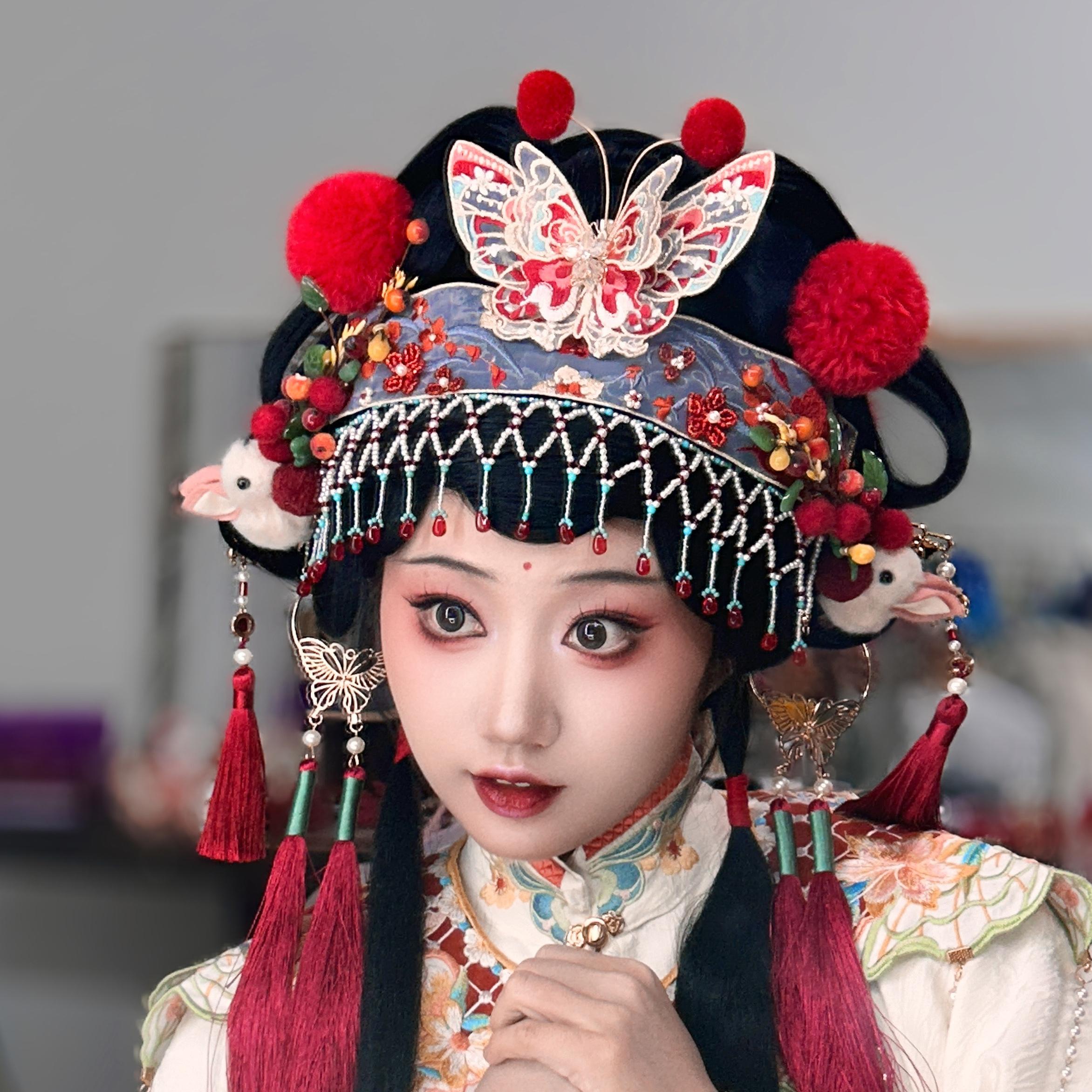 【乐游蝶】红蝴蝶戏曲风蝴蝶发带明制头饰梨园可爱轻戏曲汉服发饰